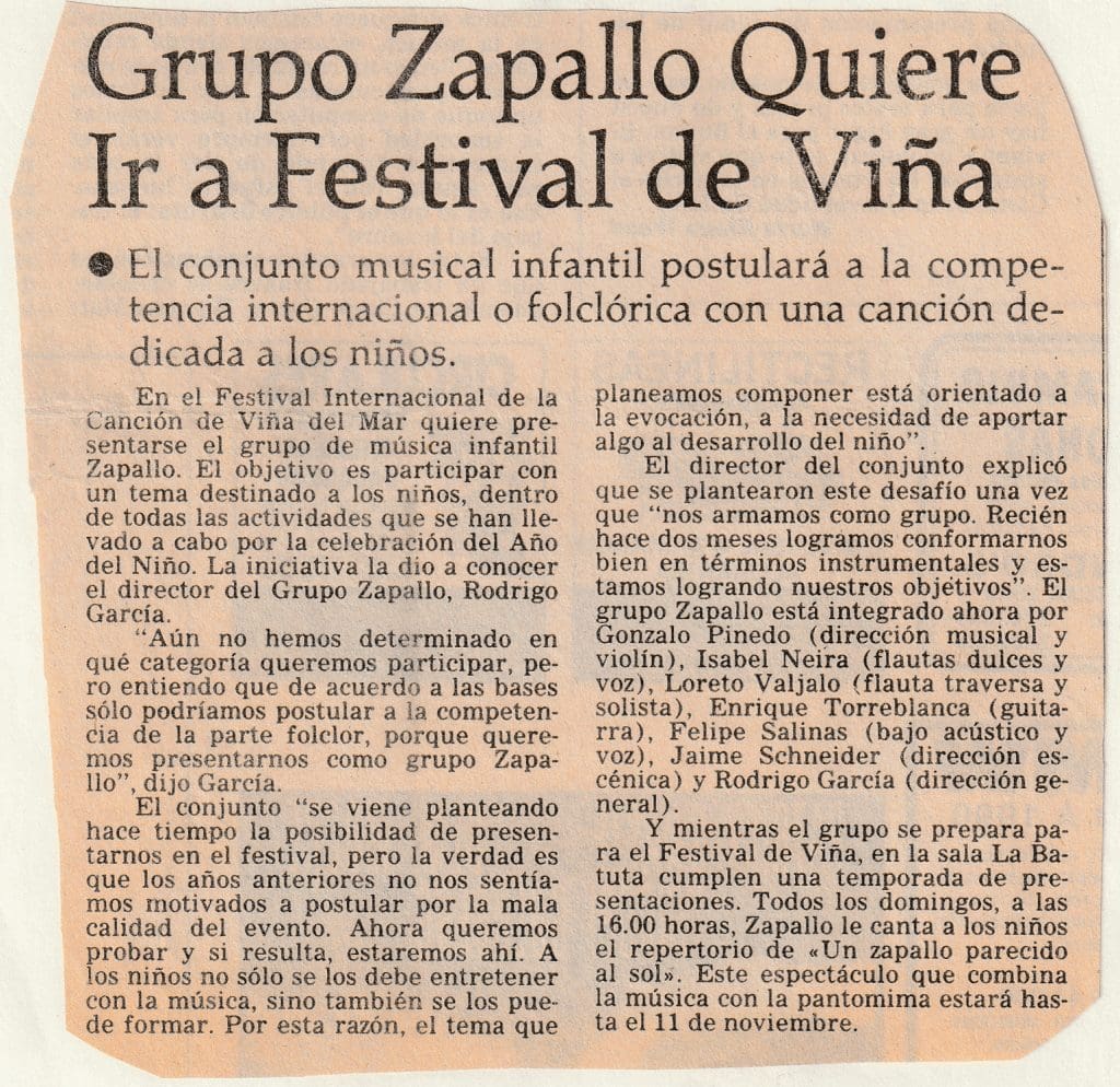 Nota de prensa. Grupo Zapallo. Festival de la canción de Viña del Mar