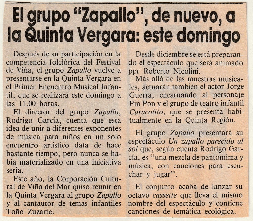 Nota de prensa. Viña del Mar. Grupo Zapallo – Pin Pon